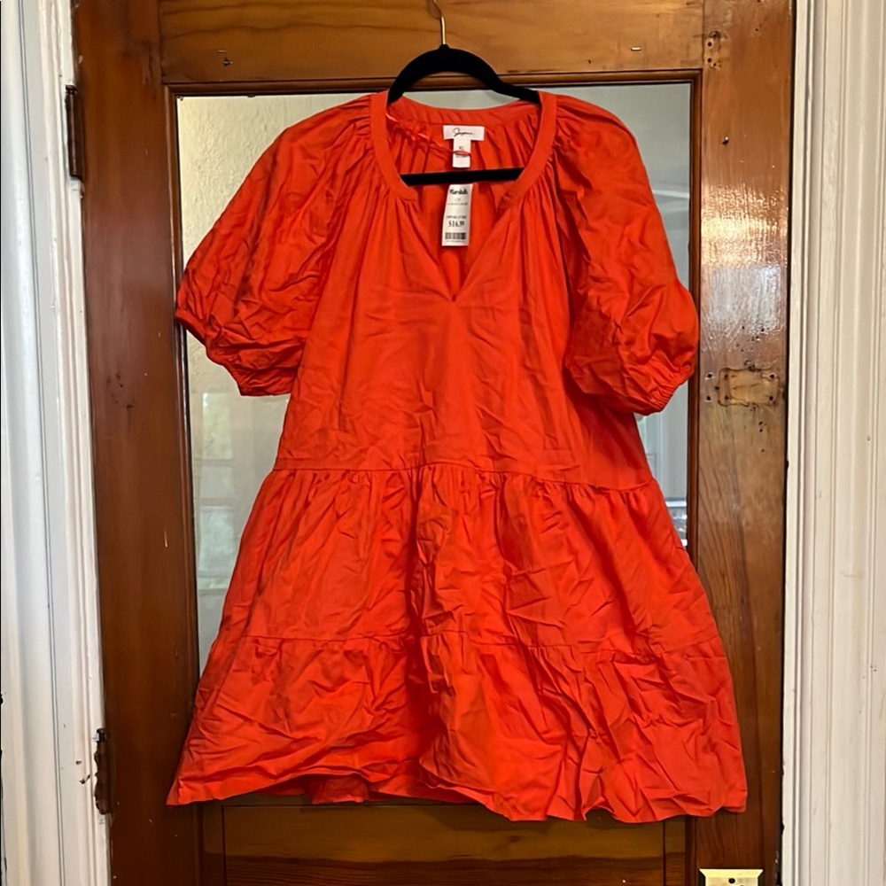 Japna Orange Puff Sleeve V-Neck Mini Dress